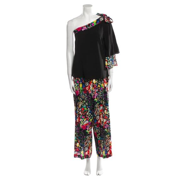 ETRO Floral Pants Set Black Silk 2pc One Shoulder Top Wide Leg Sz 42 IT / M - Picture 2 of 15